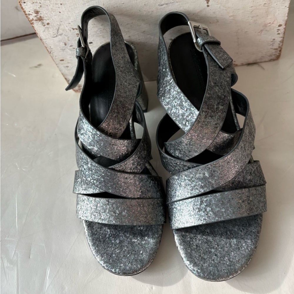 Like NEW Zara gun metal silver sparkle Strappy Women's cage Sandals 37
